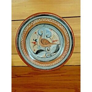 Vintage Jalisco 8" Pottery Plate Hand Painted Tonala Bird & Folk Border 1981